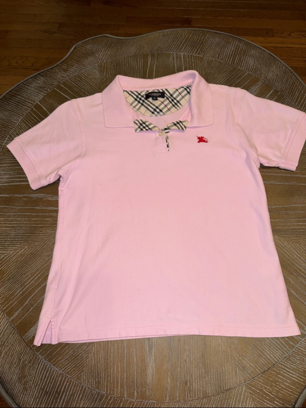 Burberry Youth Light Pink Polo with Check Trim and Red Logo